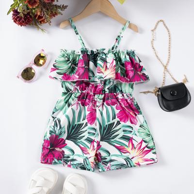 Kız Çocuk Çiçek Desenli Askılı Sırtı Açık Tulum Açık Hava Plaj Yaz Çocuk Modası Günlük Tulum