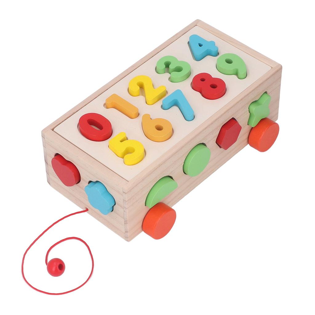 Geometric Shape Blocks Sorting Toy Colorful Wooden Numbers Blocks Matching Pull Cart
