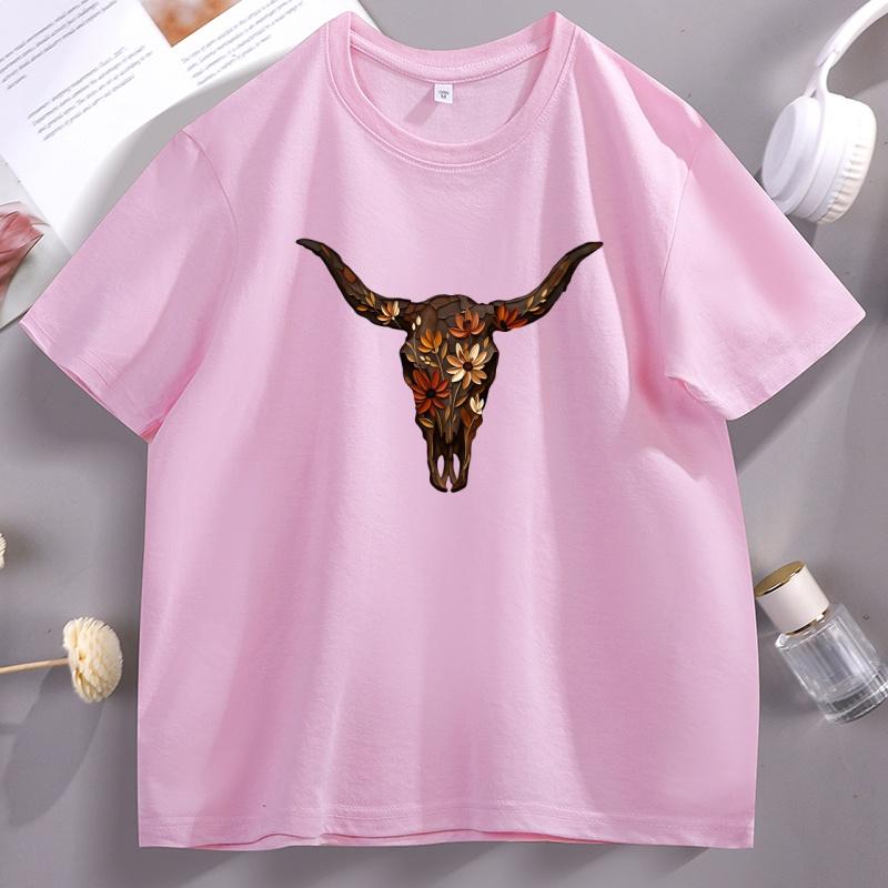 Boho Cow Skull T Shirt Western Graphic Tee Bull Skull T-Shirt Cowgirl Tshirt Country Girl Western Clothing Tops S