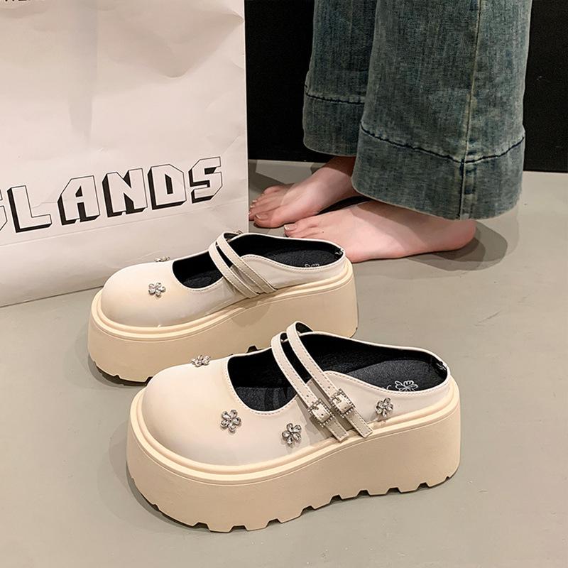 

Thick-soled heightening Mary Jane shoes women s shoes 2025 new small double straps rhinestone patent leather heightening half slippers women 35 бежевий