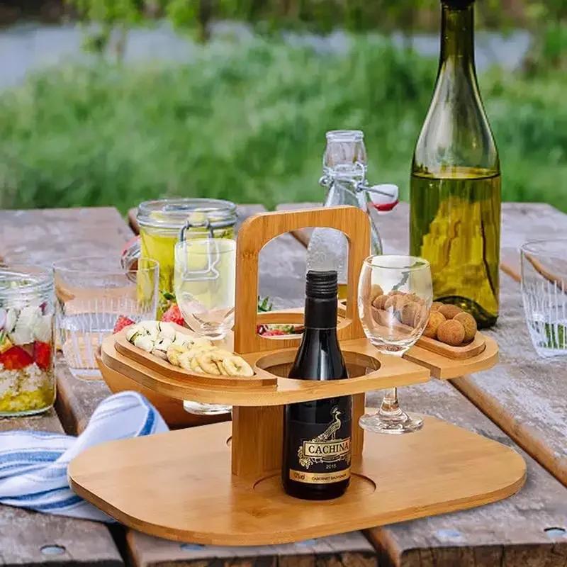 Tragbarer, abnehmbarer Wein-Picknicktisch für den Außenbereich, Snacktisch aus Holz, Weinhalter, Strand, Camping, Picknick, Weintisch, Obst-Snack-Tablett