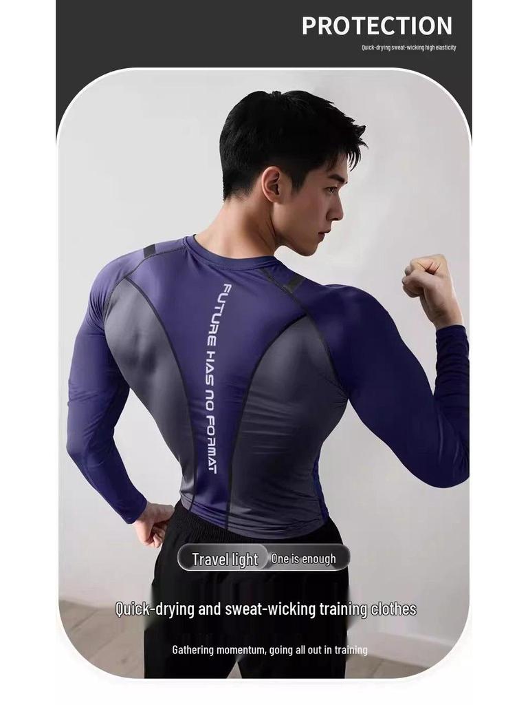 Men's Seamless Fitness Compression Top: Long Sleeve, Quick Dry, Elastic for Muscle Definition.