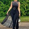 Women Jumpsuit Shiny Rhinestone Hollow Out Multi Straps Sleeveless Slim Fit Dress Up Tight Waist See-through Mesh Summer Jumpsuit for Dating