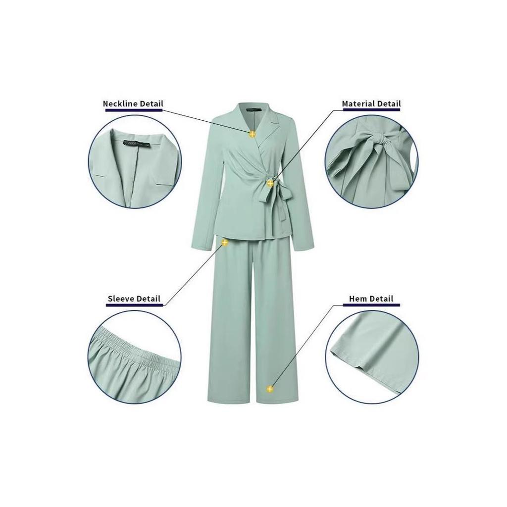 Women's Light Green V-Neck 3/4 Sleeve Belted Suit Set with Wide Leg Pants