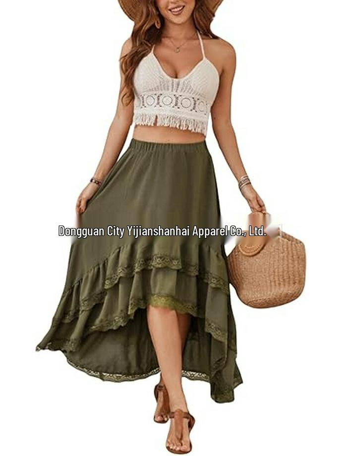 2026 Bohemian Style Printed Waist-Cinched Retro Short Skirt with Elegant Long Lace Design