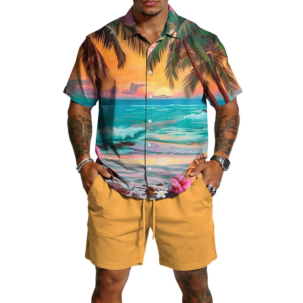 Men's Casual Lightweight Breathable Short-Sleeve Shirt And Shorts Set