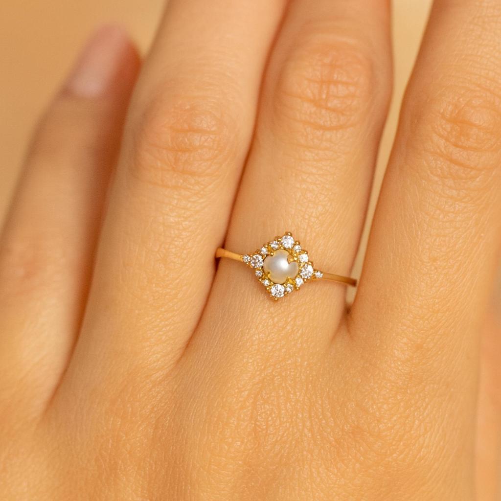 Pearl & Cubic Zirconia Ring for Women | Yellow Gold Plated 925 Sterling Silver Vintage Style Ring | Wedding, Engagement Gift