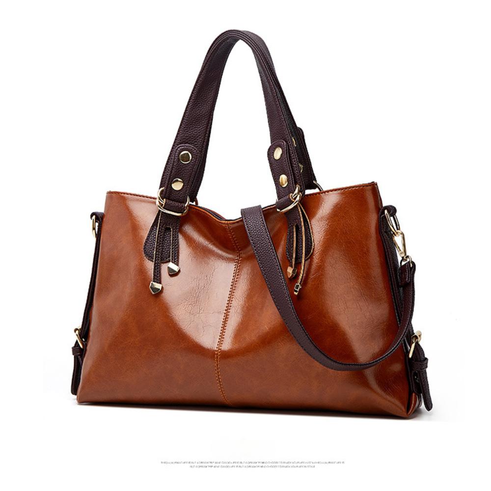 Retro Minimalist Atmosphere Large-Capacity Wide Shoulder Strap Solid Color Tote Bag Ladies' Fashion Multi-Layered Wax Oil Leather