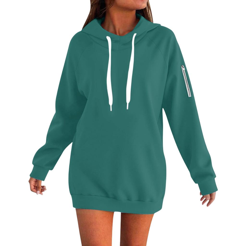 Women's Loose Long Sleeved Solid Color Hooded Sweatshirt With Velvet Drawstring