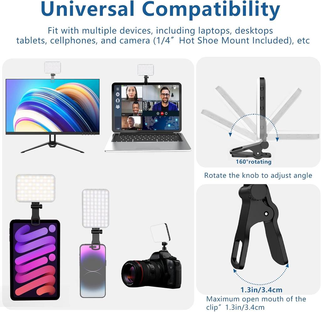 60 LED Portable Selfie Light Video Conference Lighting with Clip & Camera Tripod Adapter Rechargeable CRI 97+, 3 Light Modes