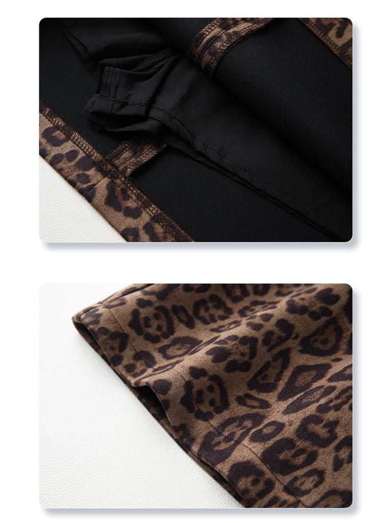 2024 Women's Khaki Suede Leopard Print Woolen Midi Skirt - New Autumn/Winter A-line Bodycon Design