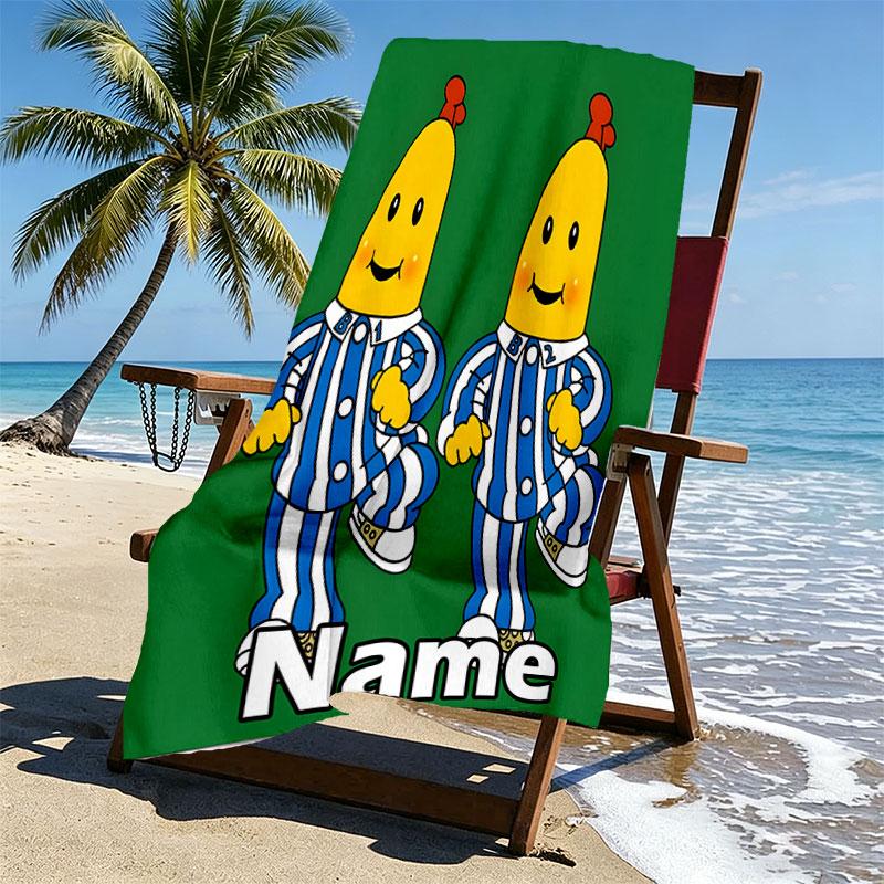 Custom Name Personalized Bananas in Pyjamas Print Beach Towel, for Trip Camping Beach Party Home Decor, Birthday Gift for Family & Friends