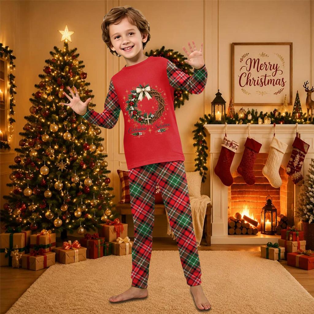 Christmas-print long-sleeve and long-pant matching family loungewear set