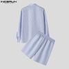 INCERUN Two Pieces Men Stand Neck Striped Long Sleeve Shirts Short Pants Casual Sets