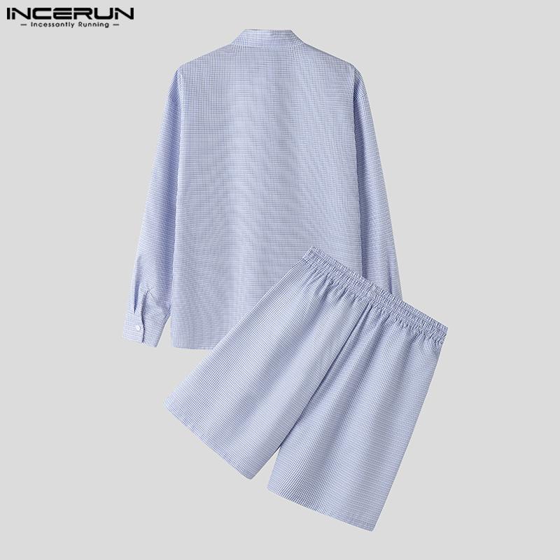 INCERUN Two Pieces Men Stand Neck Striped Long Sleeve Shirts Short Pants Casual Sets