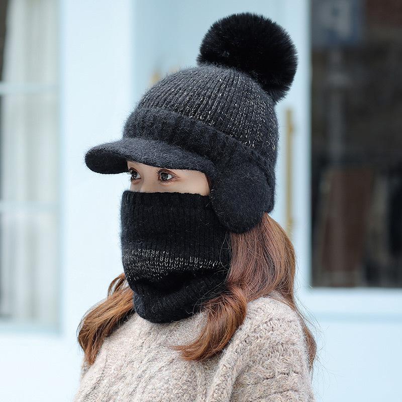 Ladies rabbit fur knitted hat trendy student wool ear protection cap outdoor cold protection warm scarf velvet