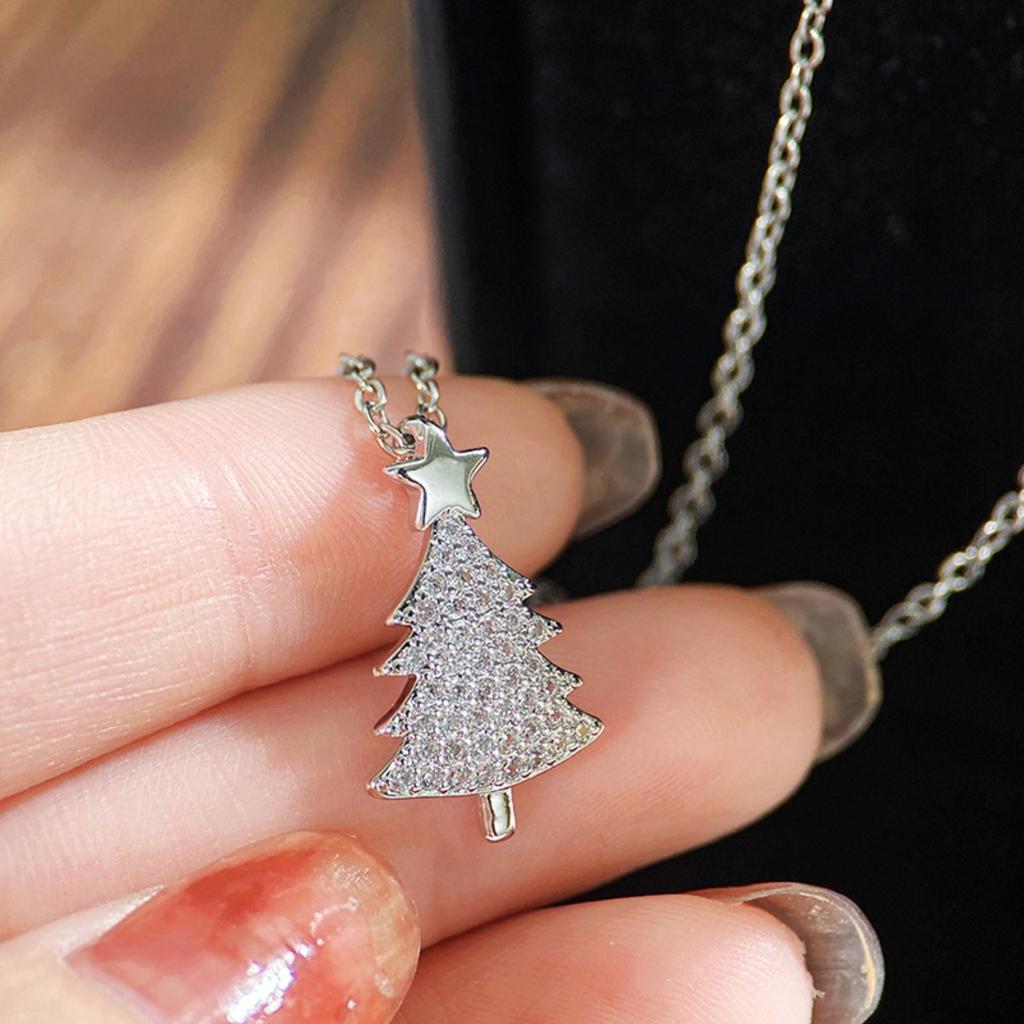 Pavé Set Christmas Tree Pendant Necklace with Star Top Festive Sparkling Jewelry for Women