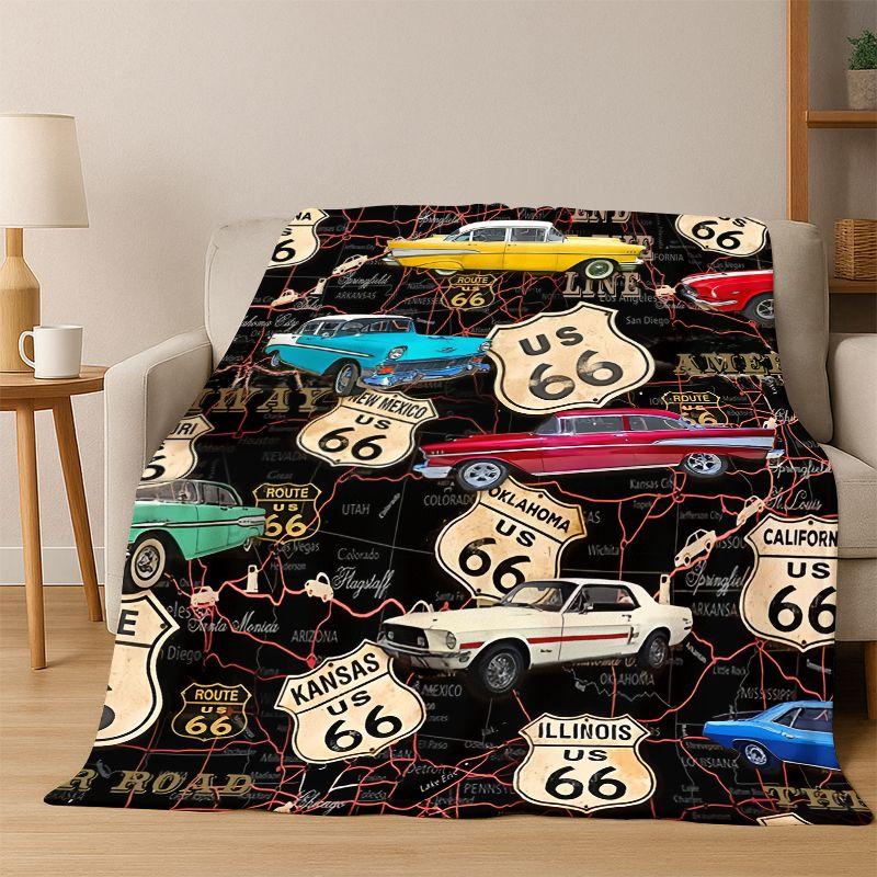 Retro Route66 America Mother Road Sign Flannel Blanket Soft Warm Throw Blanket for Bedroom Living Room Bed Travel Camping Picnic