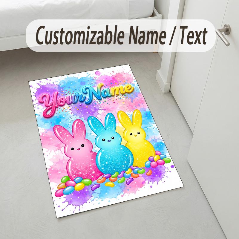 Easter Bunny Theme Crystal Velvet Rug Personalized Custom Name Text Soft Floor Mat Home Decor