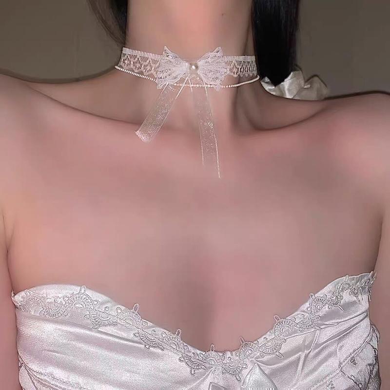 

1 шт. Модный и сексуальный чокер с бантом из белого искусственного кружева, аксессуар для шеи, элегантное кружевное ожерелье-чокер с бантом, чокер на короткой цепочке