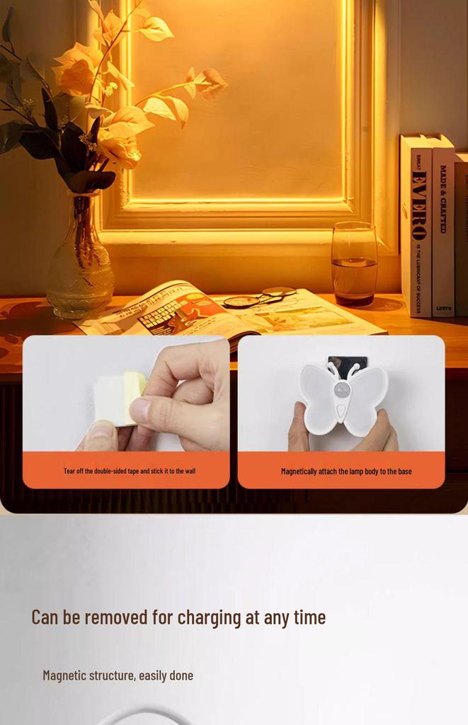 Rechargeable LED Butterfly Night Light with Body Sensor & Magnetic Attachment for Bedrooms