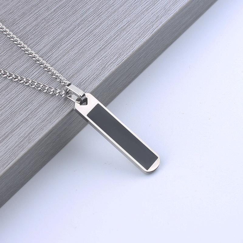 Men's Striped Square Pendant Necklace - Personalized Polished Stainless Steel Sweater Chain Jewelry