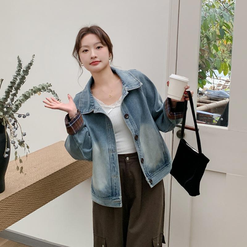 

Весна 2025 Корейская джинсовая куртка пэчворк в клетку свободного кроя L (55-62.5 kg)