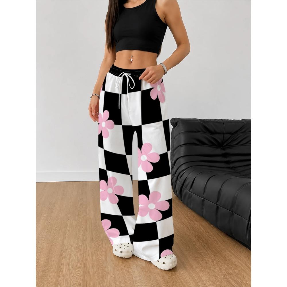 Ladies casual trousers, retro wide-leg trousers, plaid bohemian print, comfortable and breathable