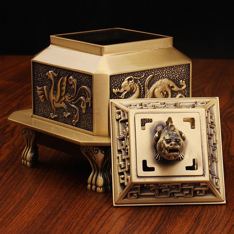 Brass Incense Chinese Style Home Office Aromatherapy Burner Vintage Antique Four Divine Beasts Square Metal Craft