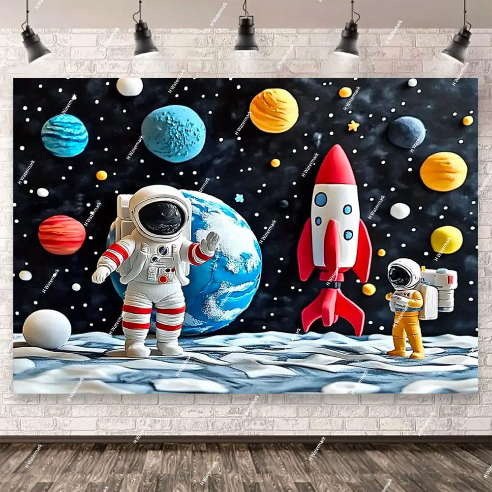Space Astronaut Birthday Party Background Banner Custom Decoration Rocket Theme Photography Boy Birthday Gift Photo Studio Prop