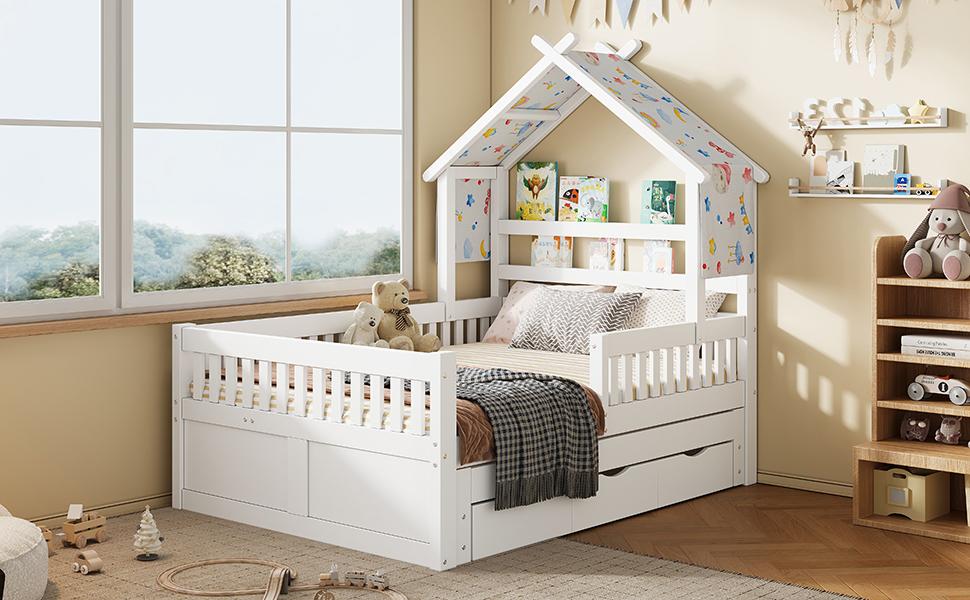 Wooden Platform Bed, House-Shaped, 140 X 200 Cm, with Trundle Bed, 3 Drawers and Safety Rails, White.