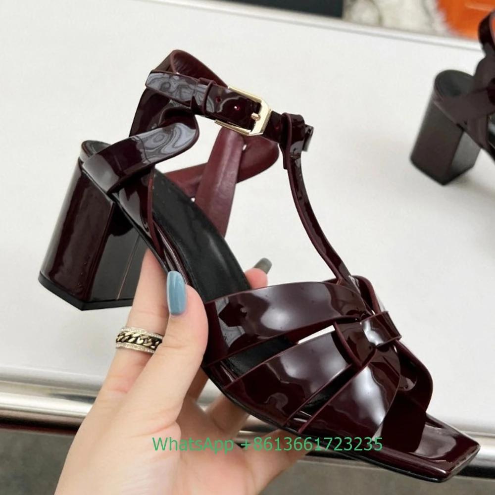 Fashion Cross Strap Square Toe Chunky Heel Women Sandals Solid Color Open Toe Real Patent Leather 6.5Cm Heels 2025 Newest Summer Sandals