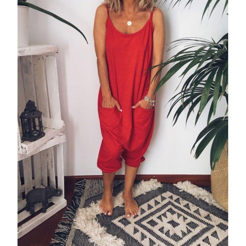 

Open Back Pocket Jumpsuit Pure Color Suspenders RED XL