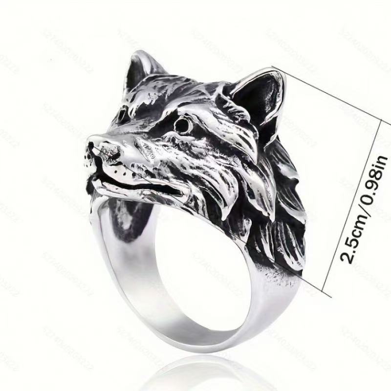 1 Vintage Wolf Head Ring For Men - Trendy Animal-Inspired, Exaggerated, Bold, Hip-Hop Style,  Open Ring