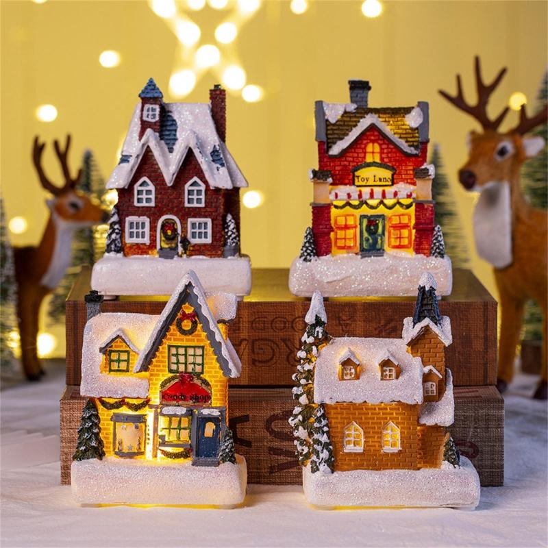 Tabletop Christmas Village House Buildings Lighted Resin Ornaments for Holiday Decor House Figurine with LED Lights