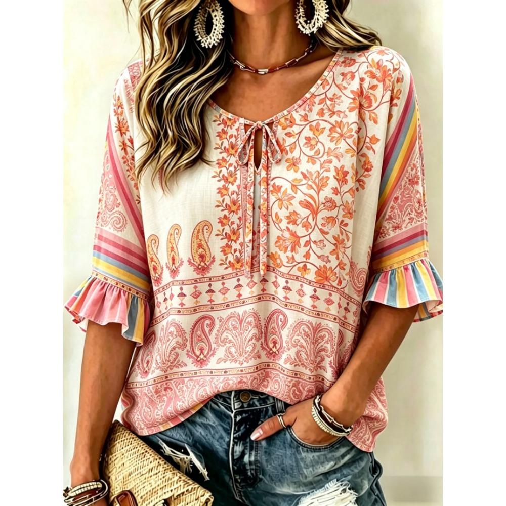 Women's Vintage Paisley Floral Print Tie Front Blouse, Casual Loose Top for Spring Summer Daily Wear