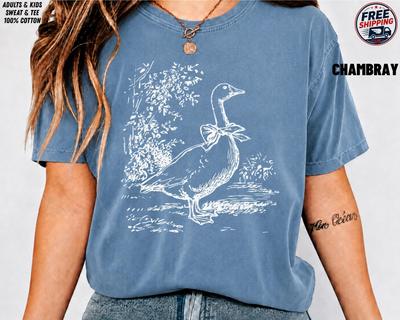 Vintage Goose Line Drawing Shirt, Botanical Bird Sketch Tee, Cottagecore Farmhouse Gift