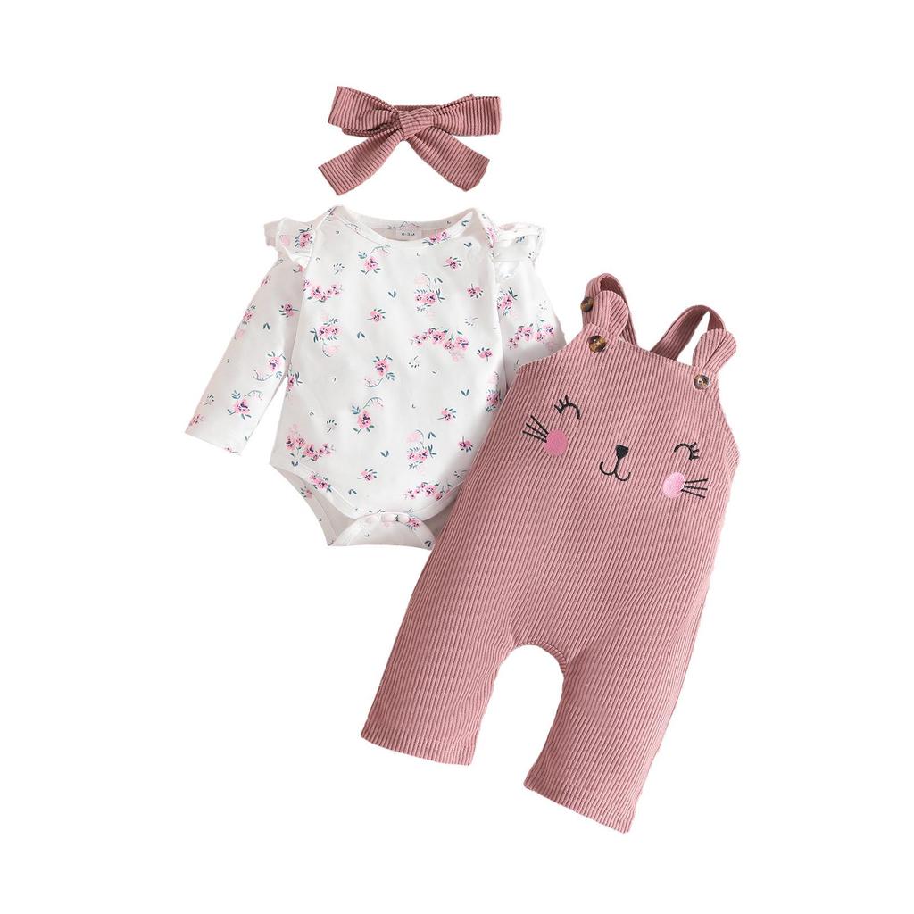 Floral Long Sleeve Bodysuit & Animal Corduroy Overalls Set for Baby Girls