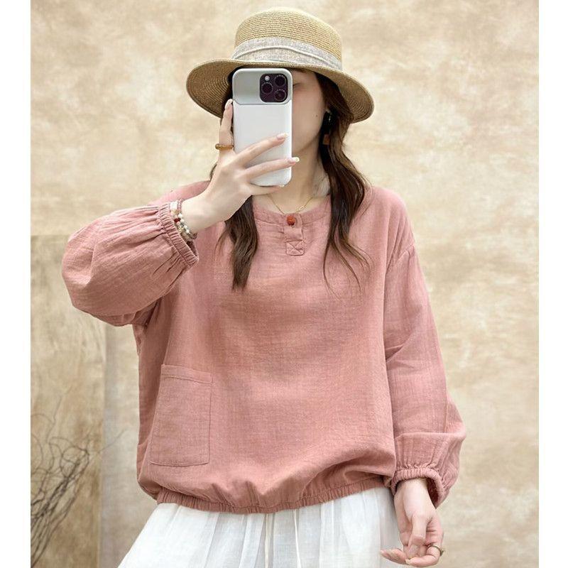 New Chinese Style Simple Solid Color Double-layer Cotton Loose Versatile Long-sleeved Pullover Top with Slimming Temperament