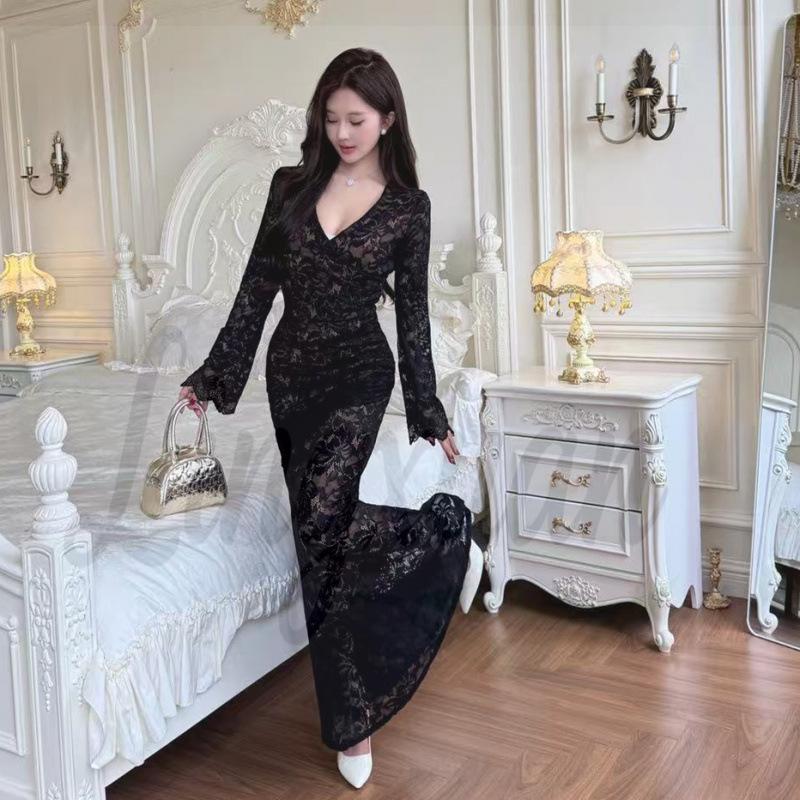 Lace Splice Deep V-Neck Mermaid Long Dress XL чёрный