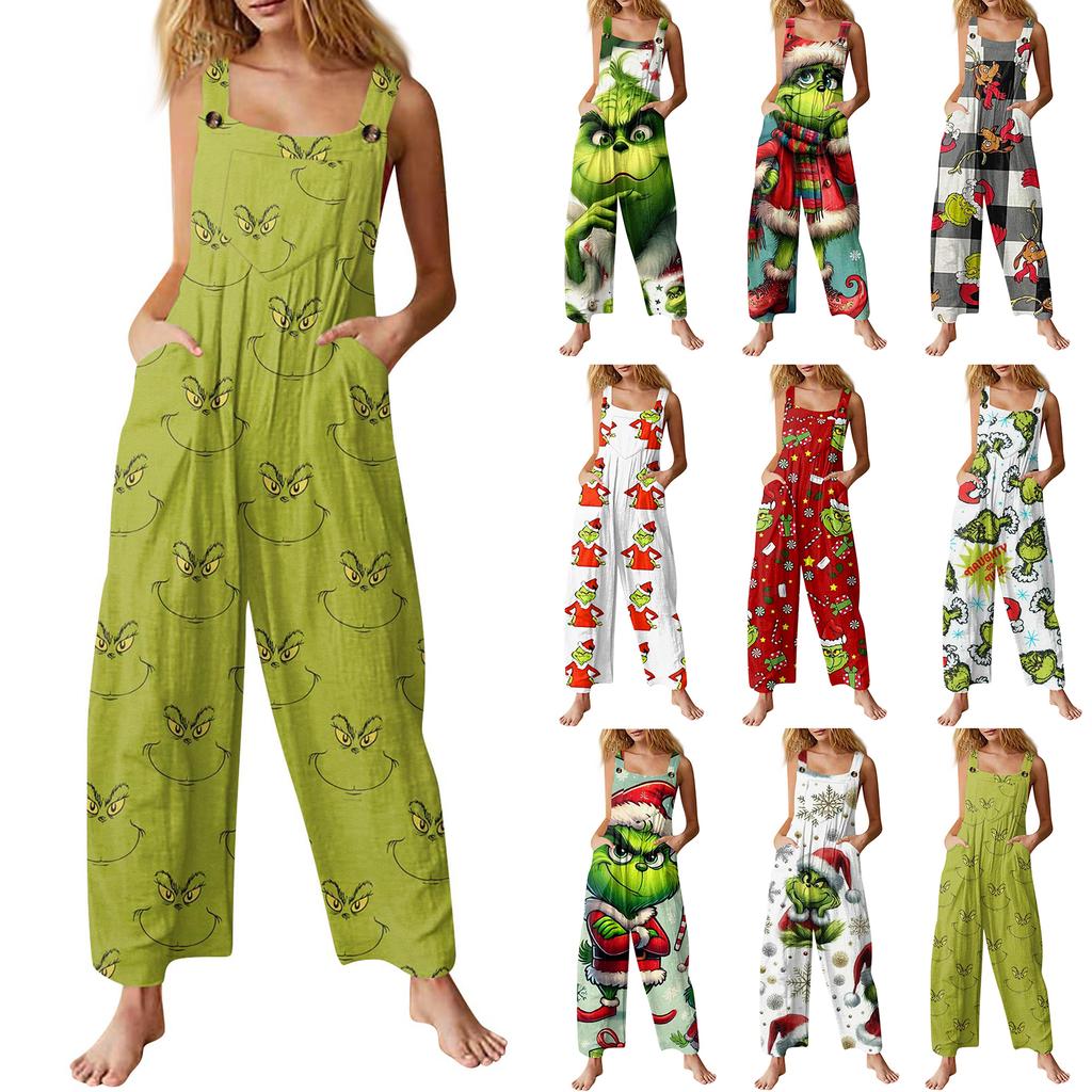 Dámská móda Vánoční potisk Ležérní Retro Bez rukávů Knoflíkový overal