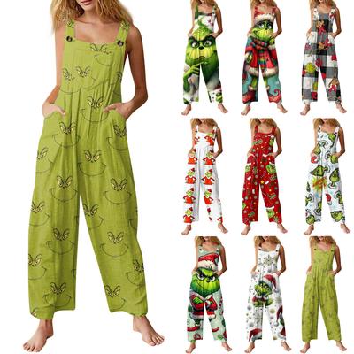 Women's Fashion Christmas  Print Casual Retro Sleeveless Button Jumpsuit