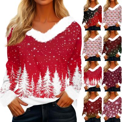 Women's Fashionable Casual V-Neck Christmas Print Long-Sleeved Top