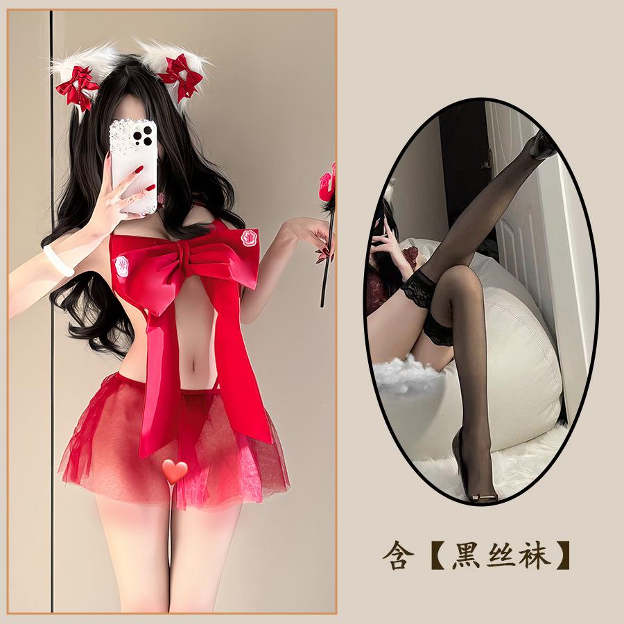 Sex Underwear Pink Bow Chest Pad Three-point Pure Desire Temptation Splicing Mesh Perspective Free