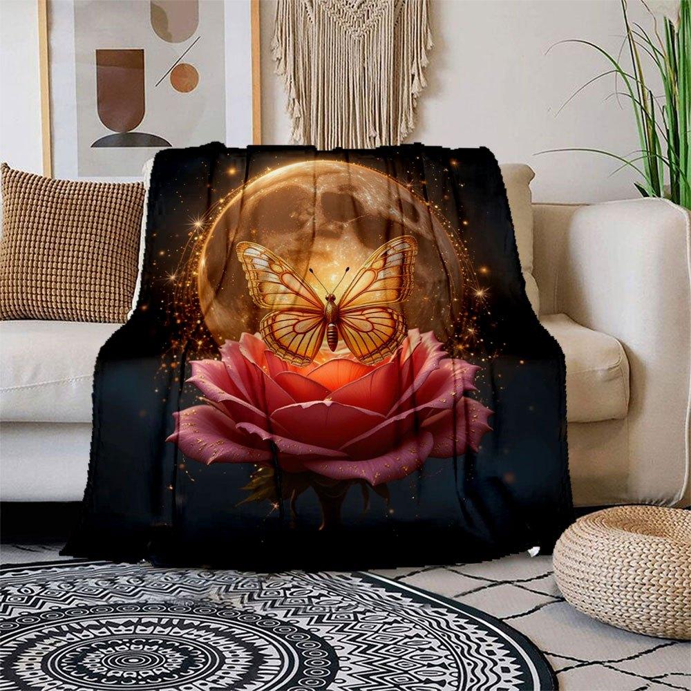 Enchanted Moonlit Rose Butterfly Wall Art Print Blanket Flannel Throw Blanket for Sofa, Bed, Travel, Camping, Office 100x150cm