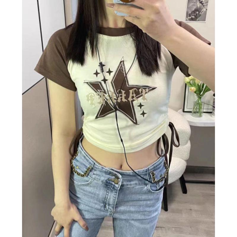 

Women s Sexy Lace-Up Color Block Raglan T-Shirt - Summer Retro Star Short Sleeve Top 2XL [120-130 jin]