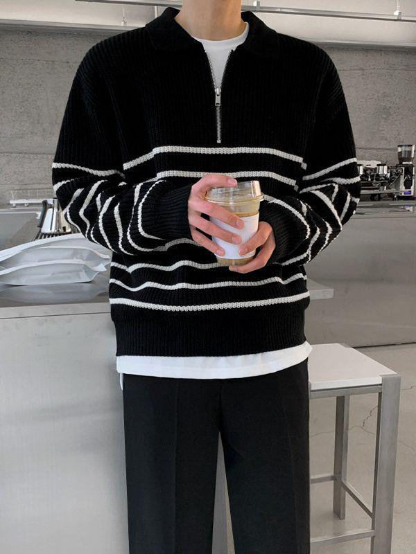 Men's Retro Striped Half-Zip Polo Sweater - Casual Korean Autumn Lapel Style