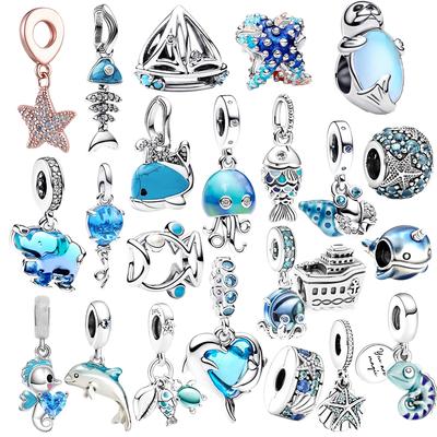 Ozean Serie Funkelnder Seestern Schimmernder Delfin Wal Anhänger Perlen für Original Silber 925 Armband Schmuck Geschenk