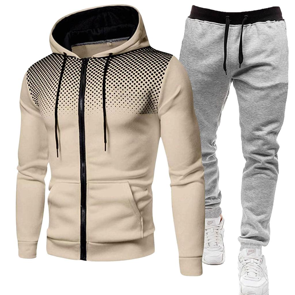 Unisex Fleece-Lined Polka Dot Zipper Hoodie Set for Autumn/Winter