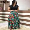 JPNTKY Floral Print Patchwork Short Sleeve Bohemian Dress Women Summer O-Neck Big Swing Long Dresses